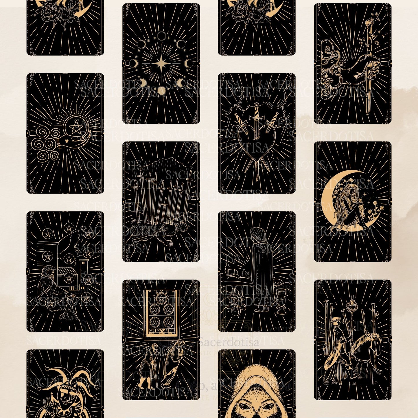 Deck para tarot digital para impressão Black dourado